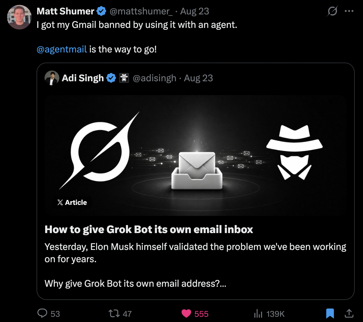 Matt Shumer on X: got Gmail banned by using it with an agent, endorsing AgentMail
