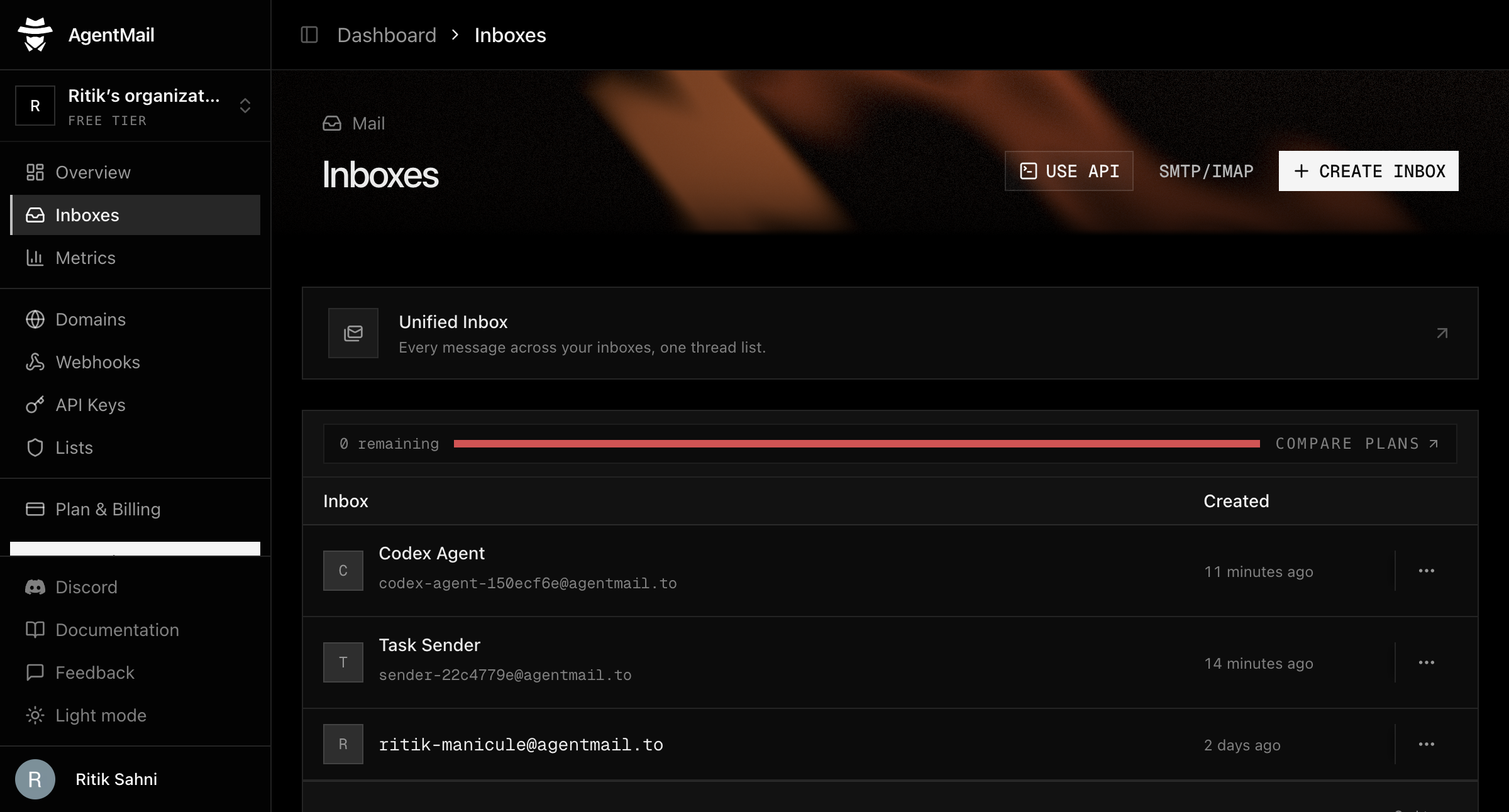 The AgentMail dashboard inbox list showing the Codex Agent inbox