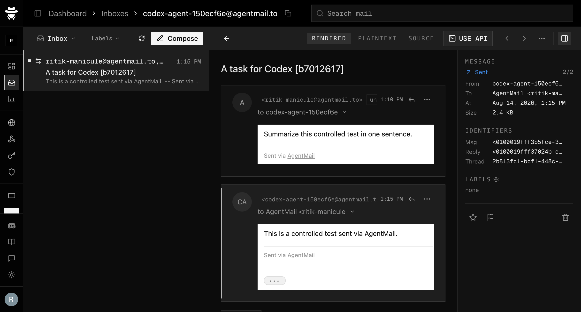 The task email and Codex's reply in the same AgentMail thread