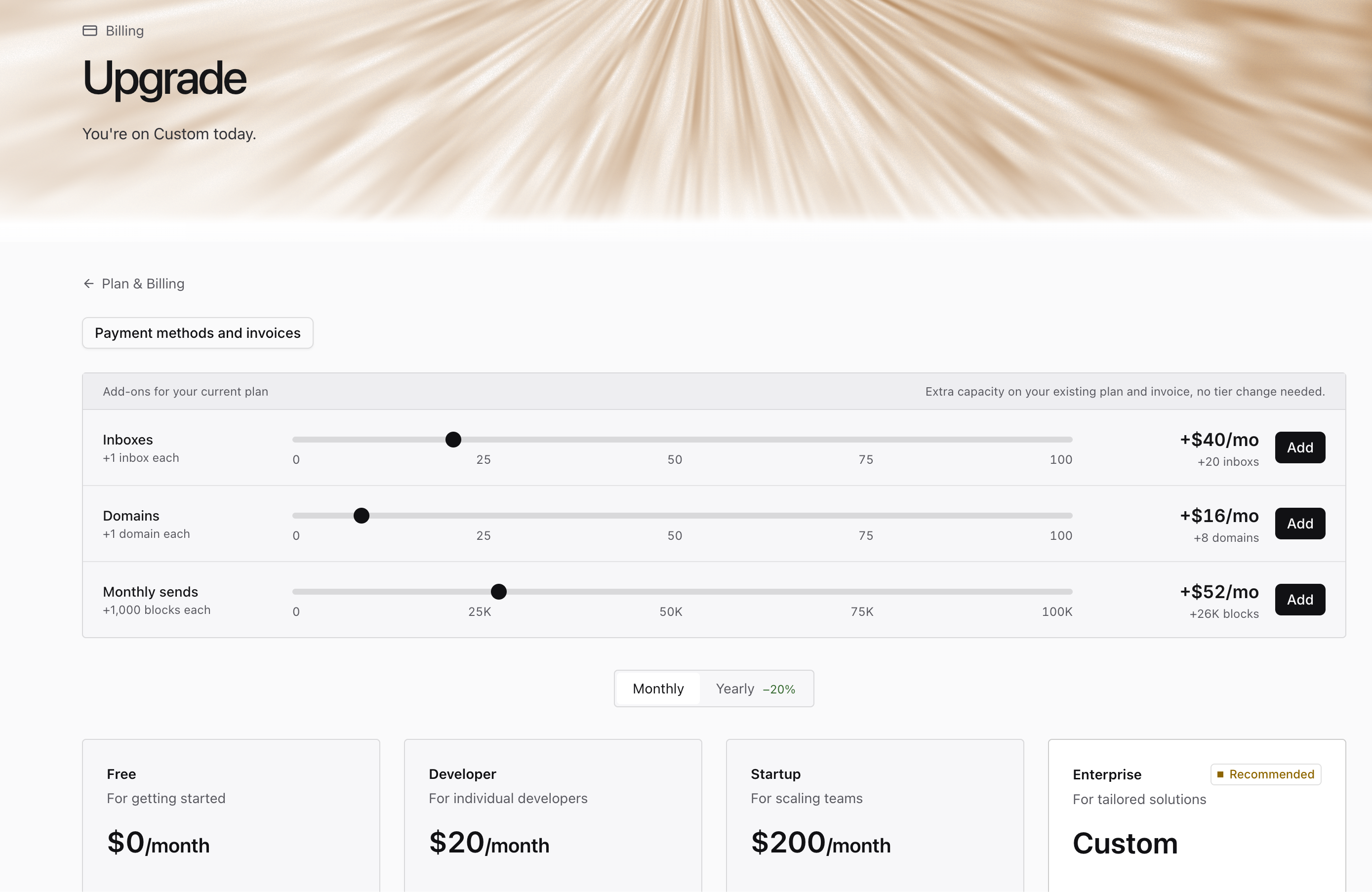 The AgentMail Console Billing / Upgrade page, showing sliders for Inboxes, Domains, and Sends.